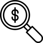 black and white icon of a dollar sign in a magnifying glass