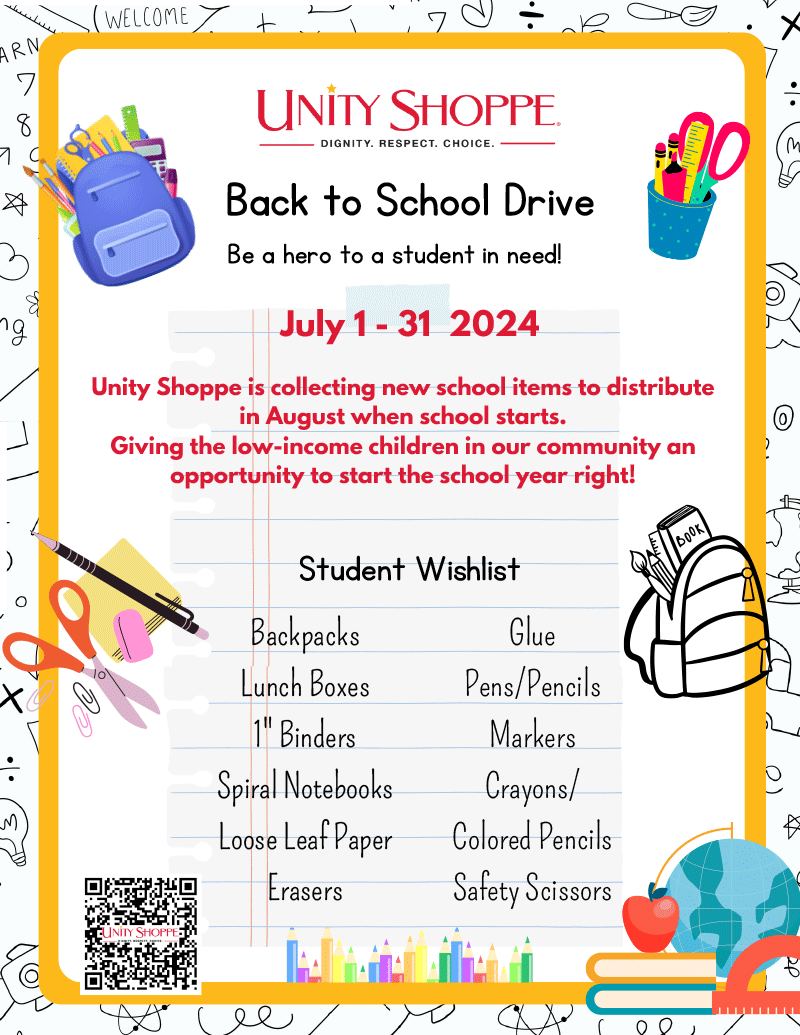 Unity Shoppe is accepting donations of new school supplies for the 2023-2024 school year. Email us at info@unityshoppe.org for more information.