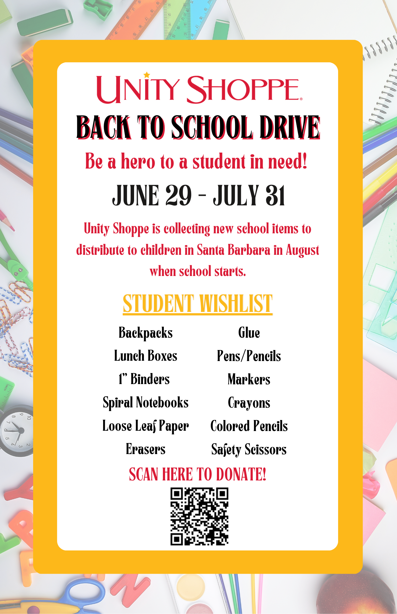 Unity Shoppe is accepting donations of new school supplies for the 2023-2024 school year. Email us at info@unityshoppe.org for more information.