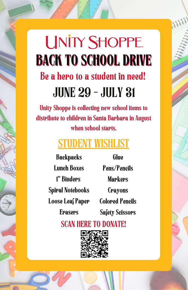 Unity Shoppe is accepting donations of new school supplies for the 2023-2024 school year. Email us at info@unityshoppe.org for more information.