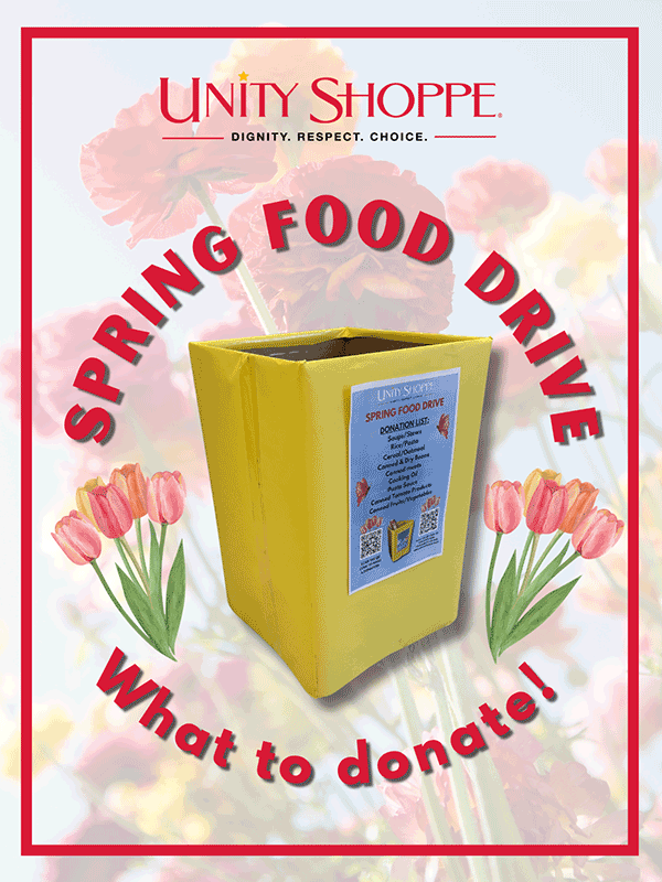 Unity Shoppe Spring Food Drive - Photograph of a yellow donation box surrounded with pink tulips