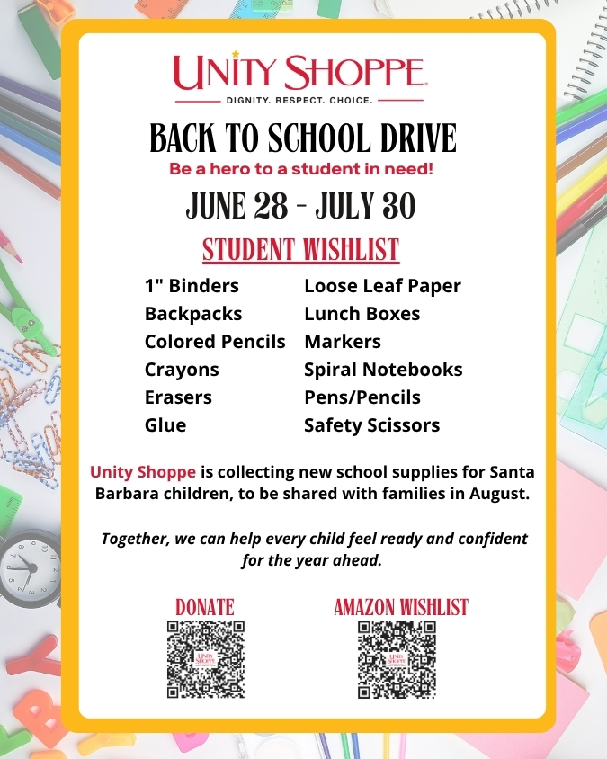 Unity Shoppe Back to School Drive - Unity Shoppe Unity Shoppe is accepting donations of new school supplies for the 2023-2024 school year. Email us at info@unityshoppe.org for more information.