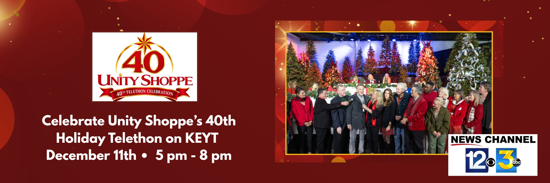 2026 Unity Shoppe Telethon hero image. 40th Telethon logo. Photograph of telethon with Kenny Loggins and Angela Miller-Bevan. KEYT Channel 3 and 12 Logo